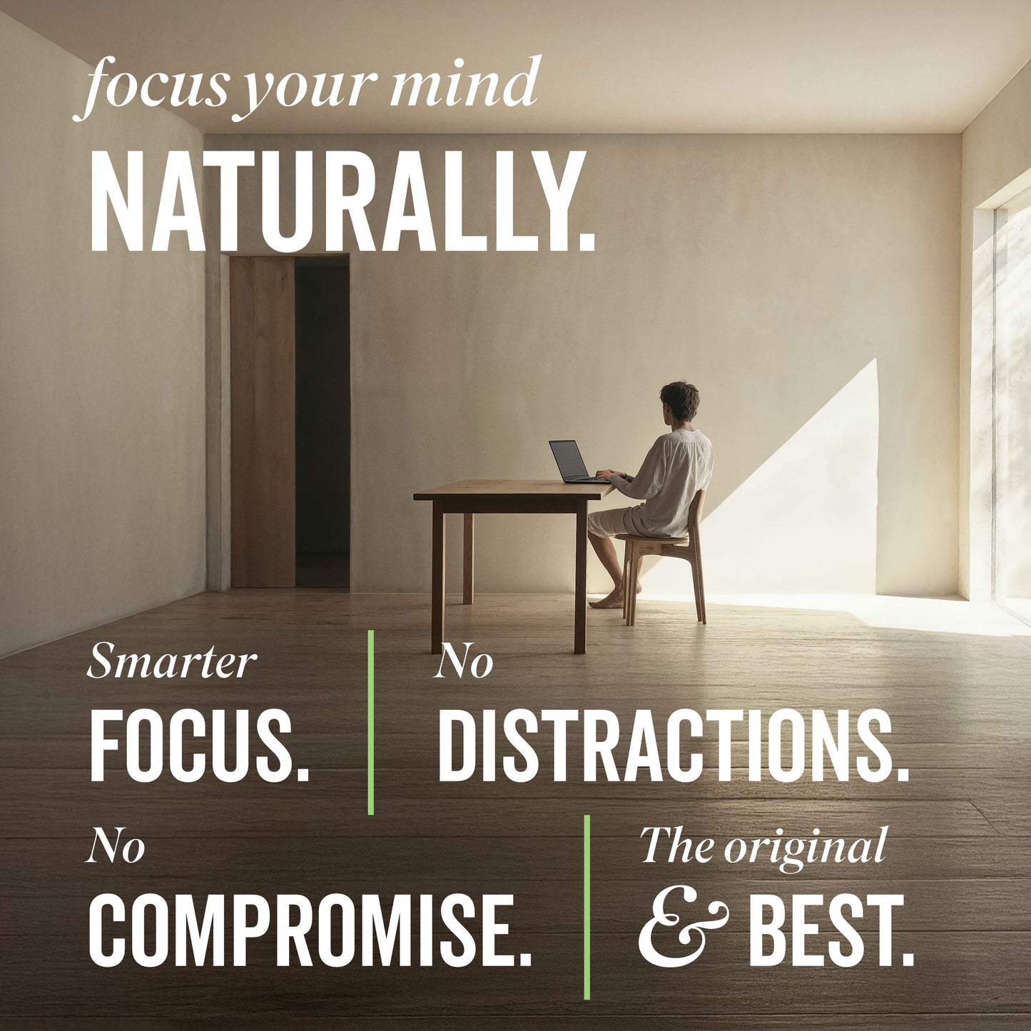 Man at desk with FOCUS key benefits listed