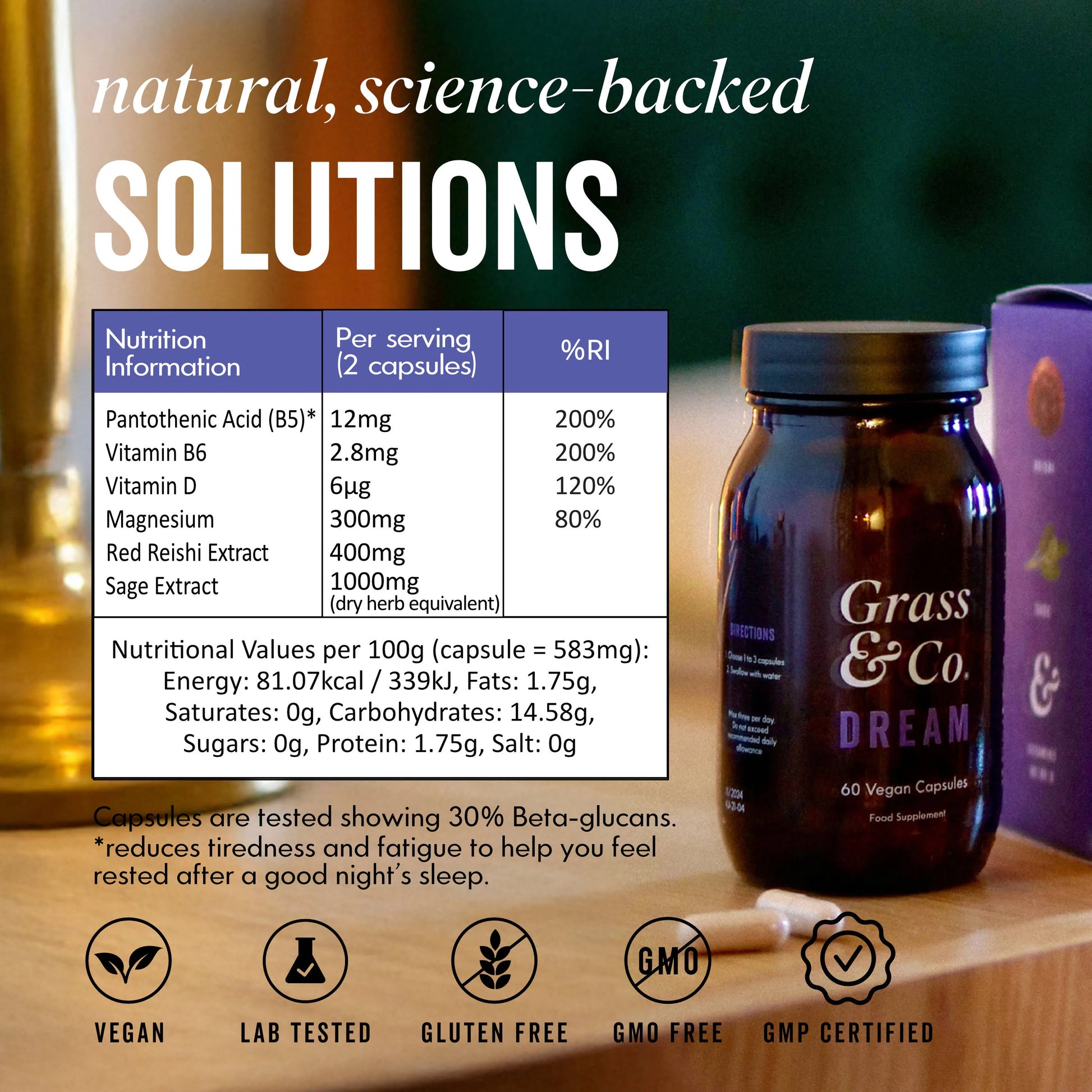 Dream capsule Jar next to nutrient table 