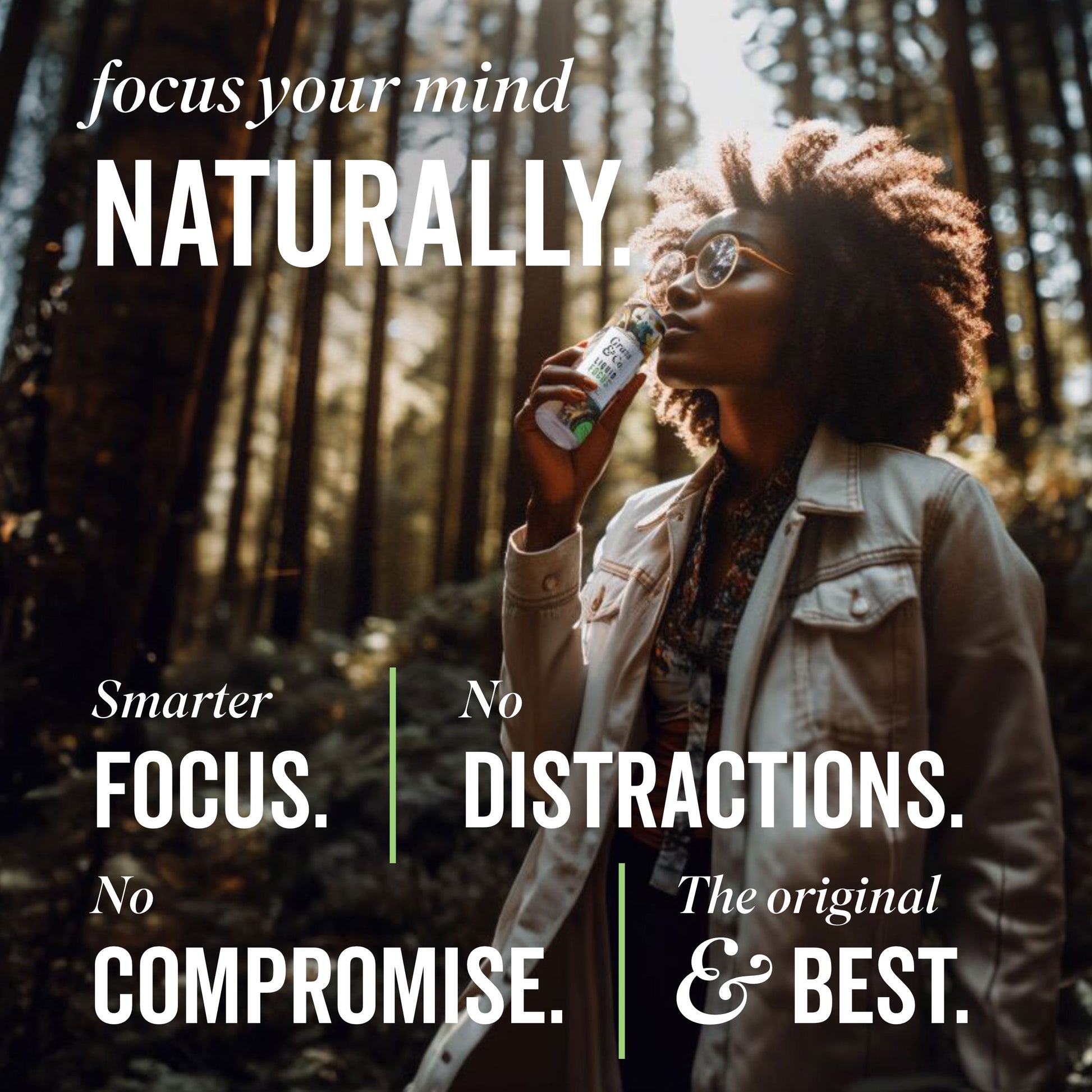 Woman drinking FOCUS Can on walk 