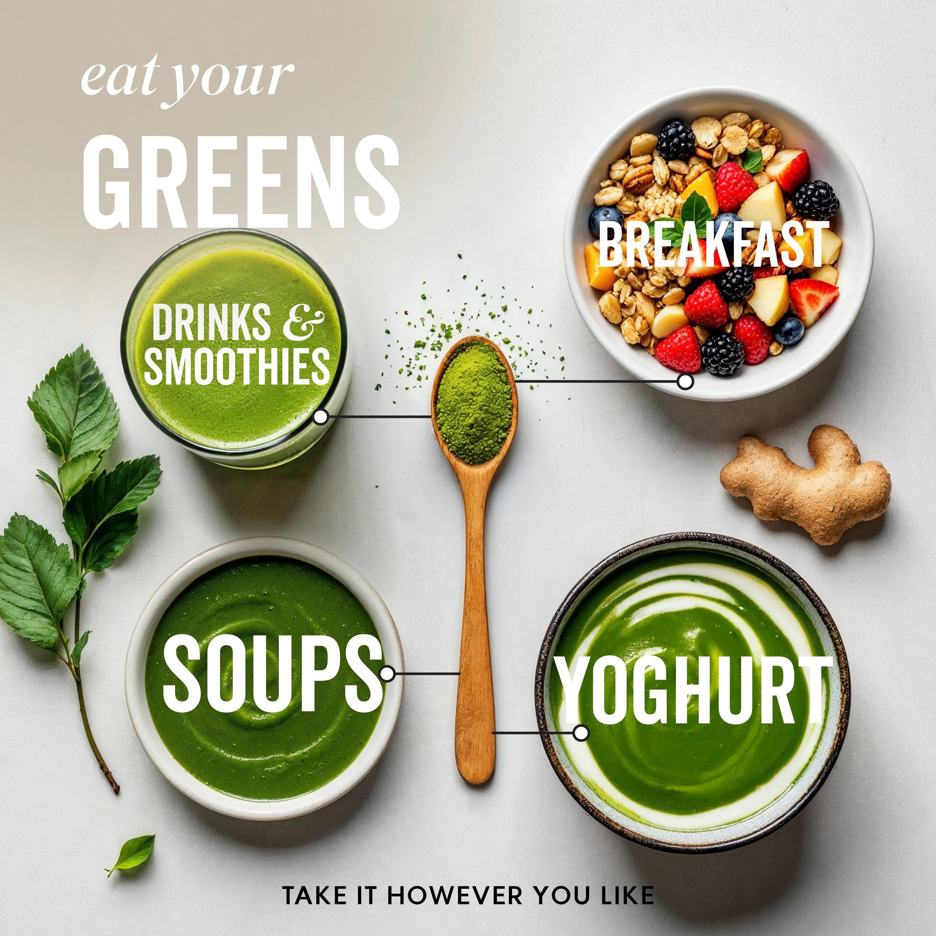 Image showing different ways you can use ACTIVE Greens Powder