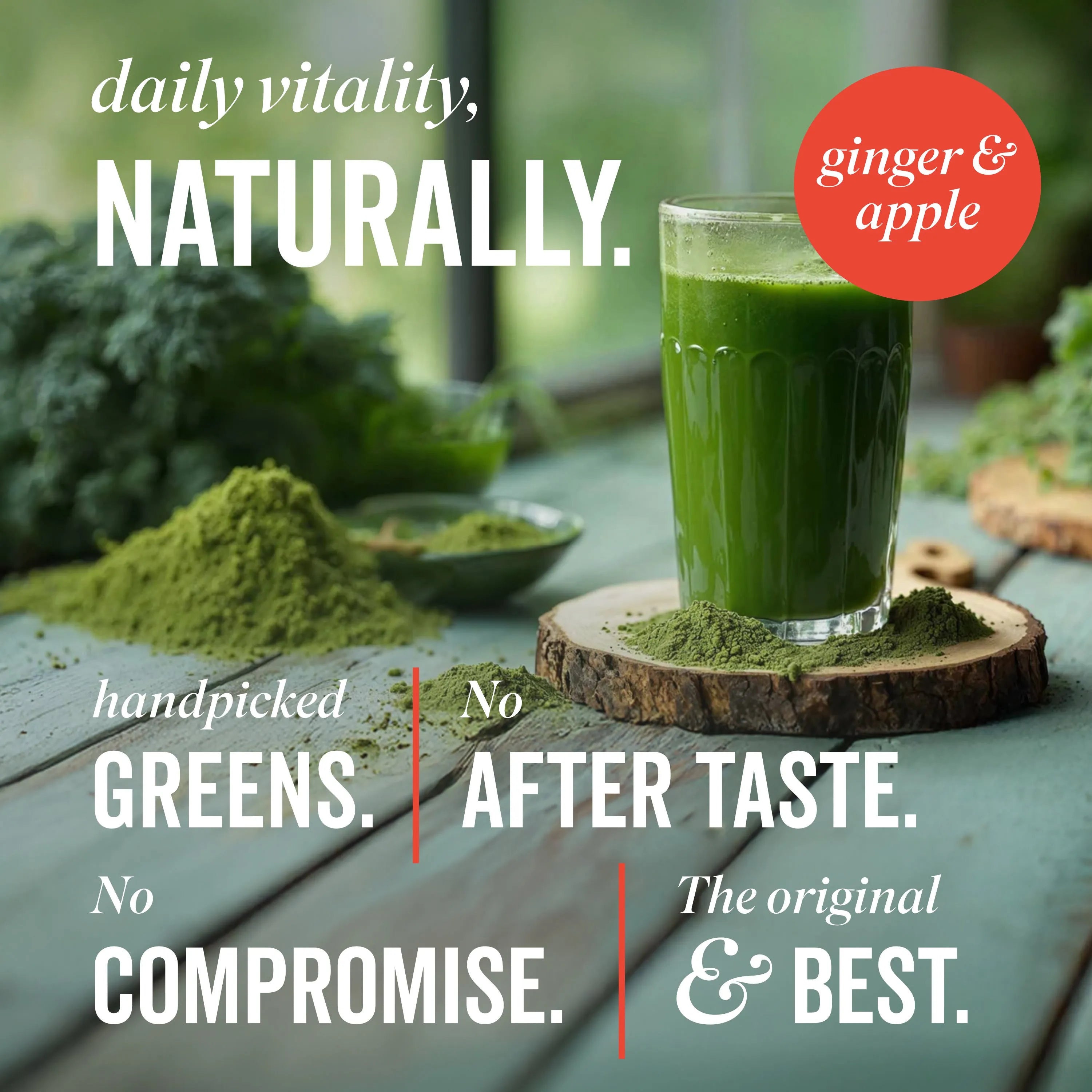 Active Greens Smoothie on Table with key benefits 