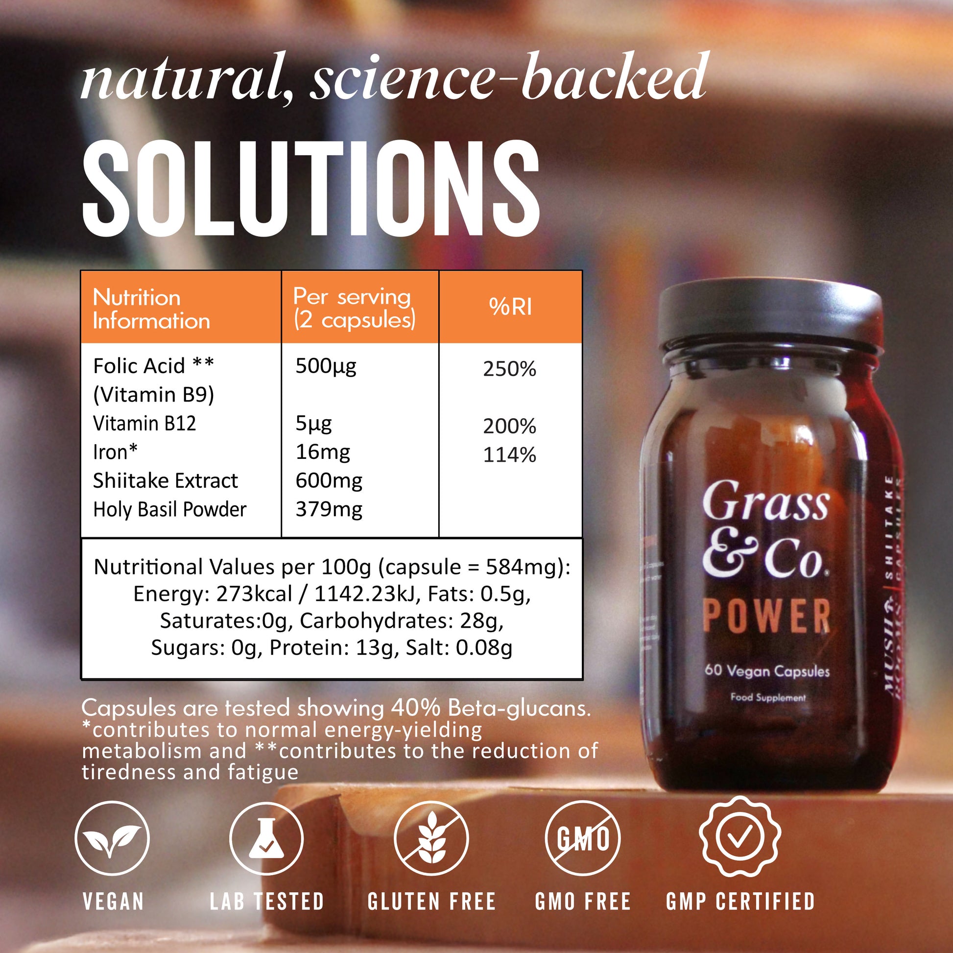 Power Capsules Jar next to nutrient table 