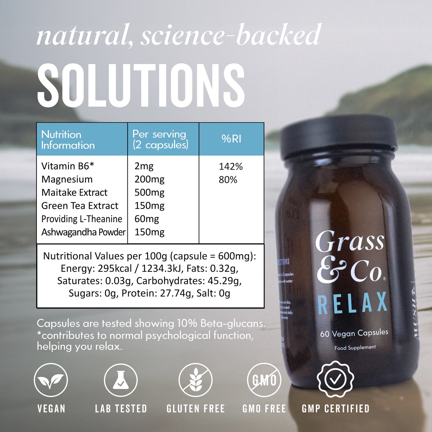RELAX Capsule Jar next to nutrient table 